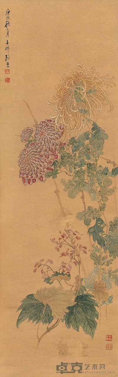 张熊 庚戌（1850年作） 海棠秋菊 立轴 103×32cm